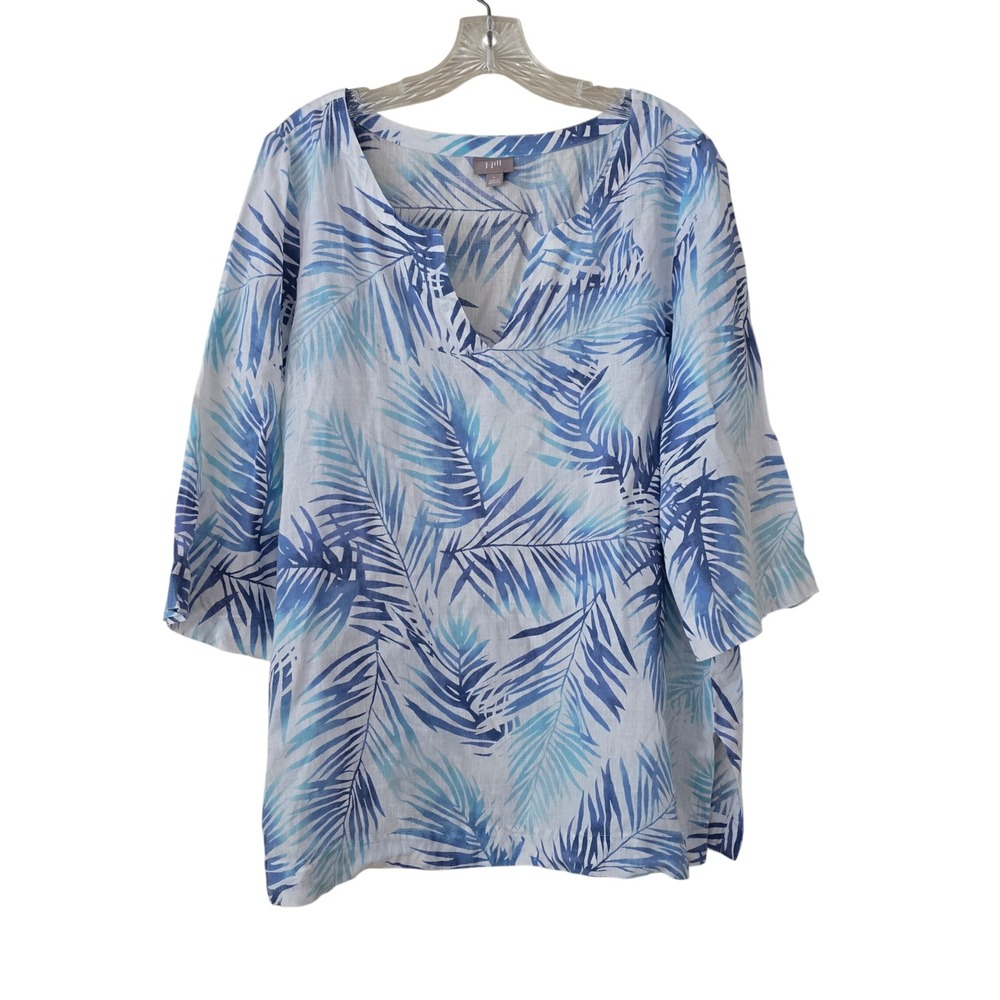 J. Jill Blue White Tropical‎ Palm Leaf 100% Linen Split Neck Tunic Top Large